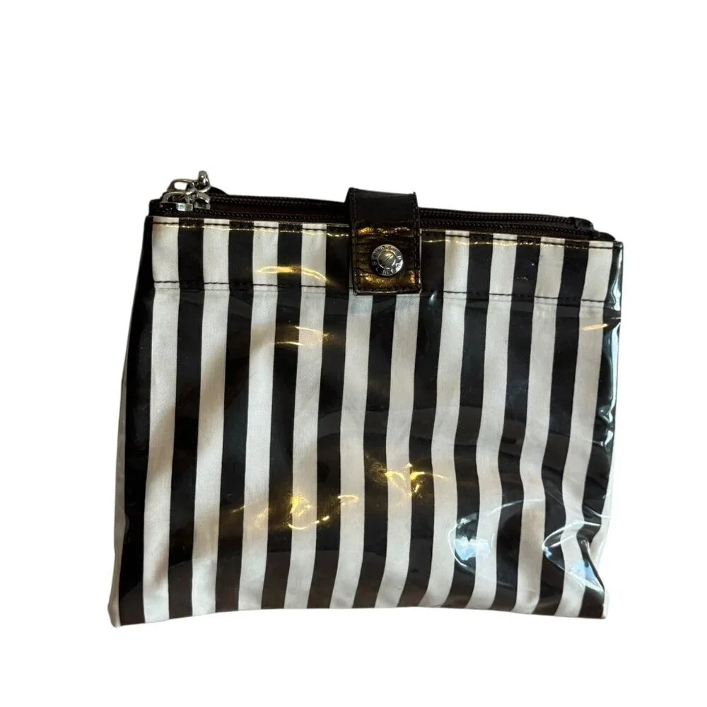 HENRI BENDEL iconic stripe Makeup Case Travel Cosmetic Bag clutch double sided